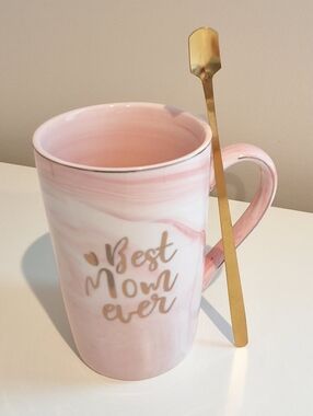 Pink Marble "Best Mom Ever" Mug With Gold Stirring Spoon Gift Set, New